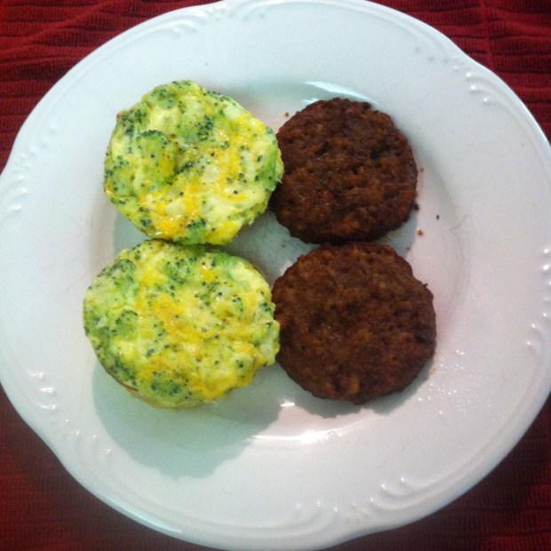 Two of my mini frittatas (still great one week later!) alongside two Morningstar veggie sausage patties