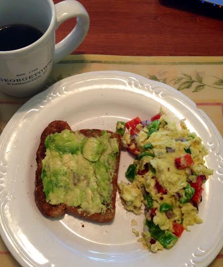 Veggie scramble with a side of avocado/sea salt whole wheat toast + black coffee (tough to get used to again, to be honest)