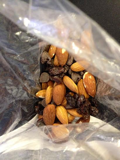 Almonds, raisins and semisweet chocolate chips (yes technically chocolate chips have dairy but I didn't think about it to be honest)