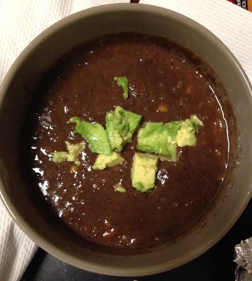 TJ's black bean soup + avocado + sea salt