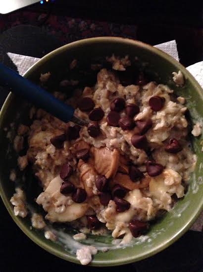 Late night ugly oatmeal -- but so, so good. Oats with almond milk, stevia, chocolate chips and peanut butter.
